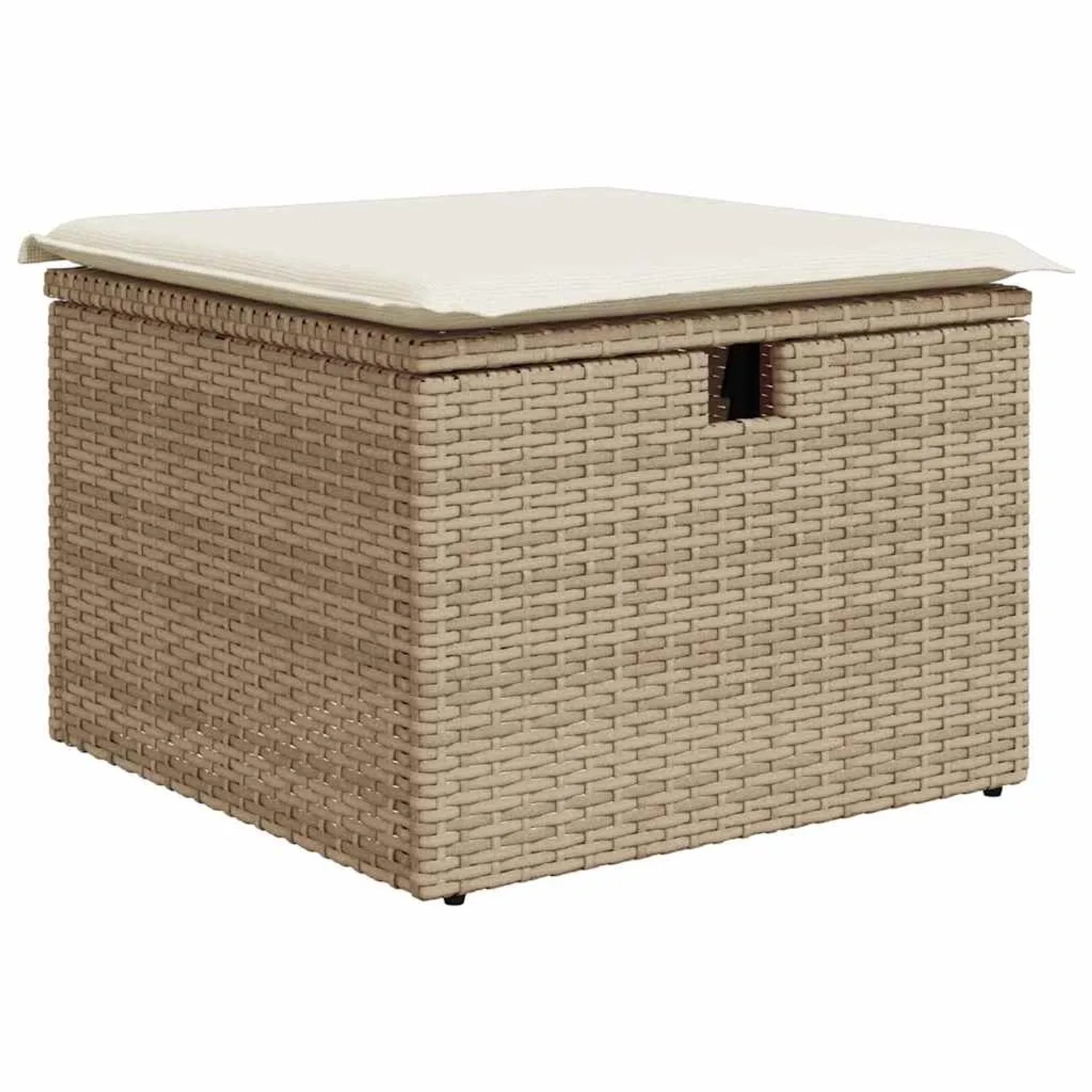 Beiger vidaXL Gartenmöbel-Fußhocker aus Rattan mit cremefarbenem Kissen und Stauraum.
