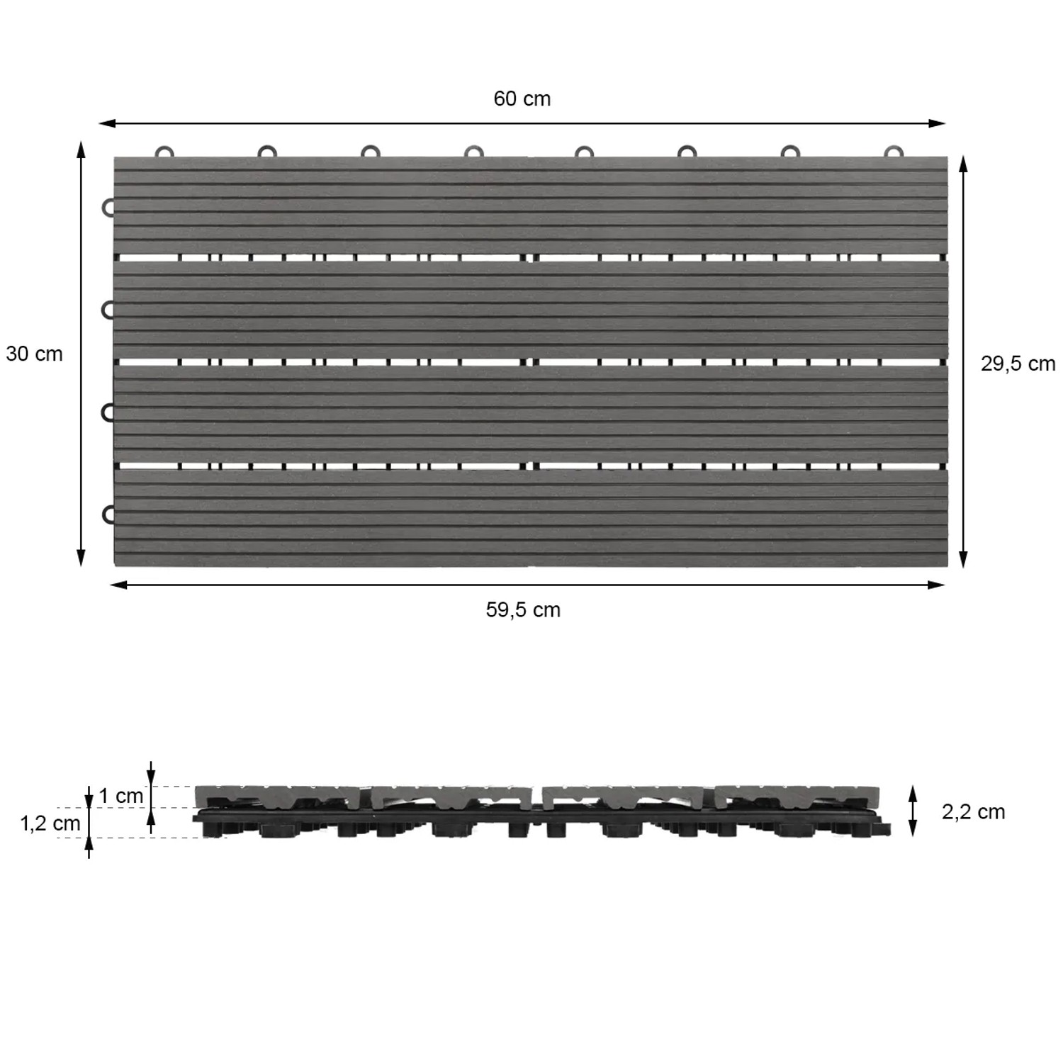 ECD Germany WPC Terrassenfliese, 60x30 cm, Anthrazit Holzoptik, mit Maßangaben