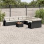 Schwarze vidaXL Garten-Sofagarnitur (11-tlg) aus Polyrattan mit cremefarbenen Kissen und Tisch.