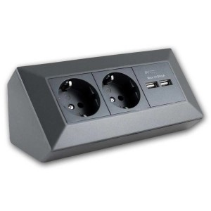 Anthrazitfarbener ChiliTec 2-fach Steckdosenblock mit 2 USB-Anschlüssen zur Aufbaumontage.