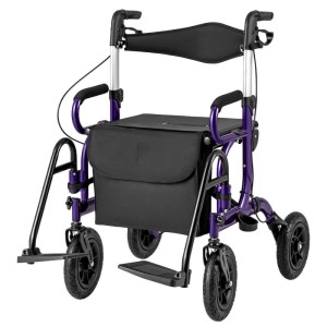 Costway Rollator mit Luftbereifung 2-In-1 Rollstuhl Bis 140 kg Lila
