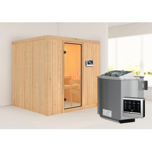 Woodfeeling Sauna Tromsö mit Bio-Ofen und Glastür, Massivholzsauna für entspannende Stunden.