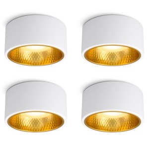 4er Set: Weiße LED Aufbauspots mit wechselbaren Blenden in Gold. Spots für Deckenmontage.