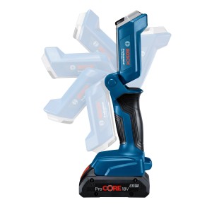 Bosch Professional GLI 18V-300 Akku-Lampe mit verstellbarem Leuchtenkopf und Akku.