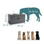 Graue erhöhte Hundefutterstation aus MDF mit 2 Edelstahlnäpfen und Schrankfach. Ergonomische Fressposition für Hunde.