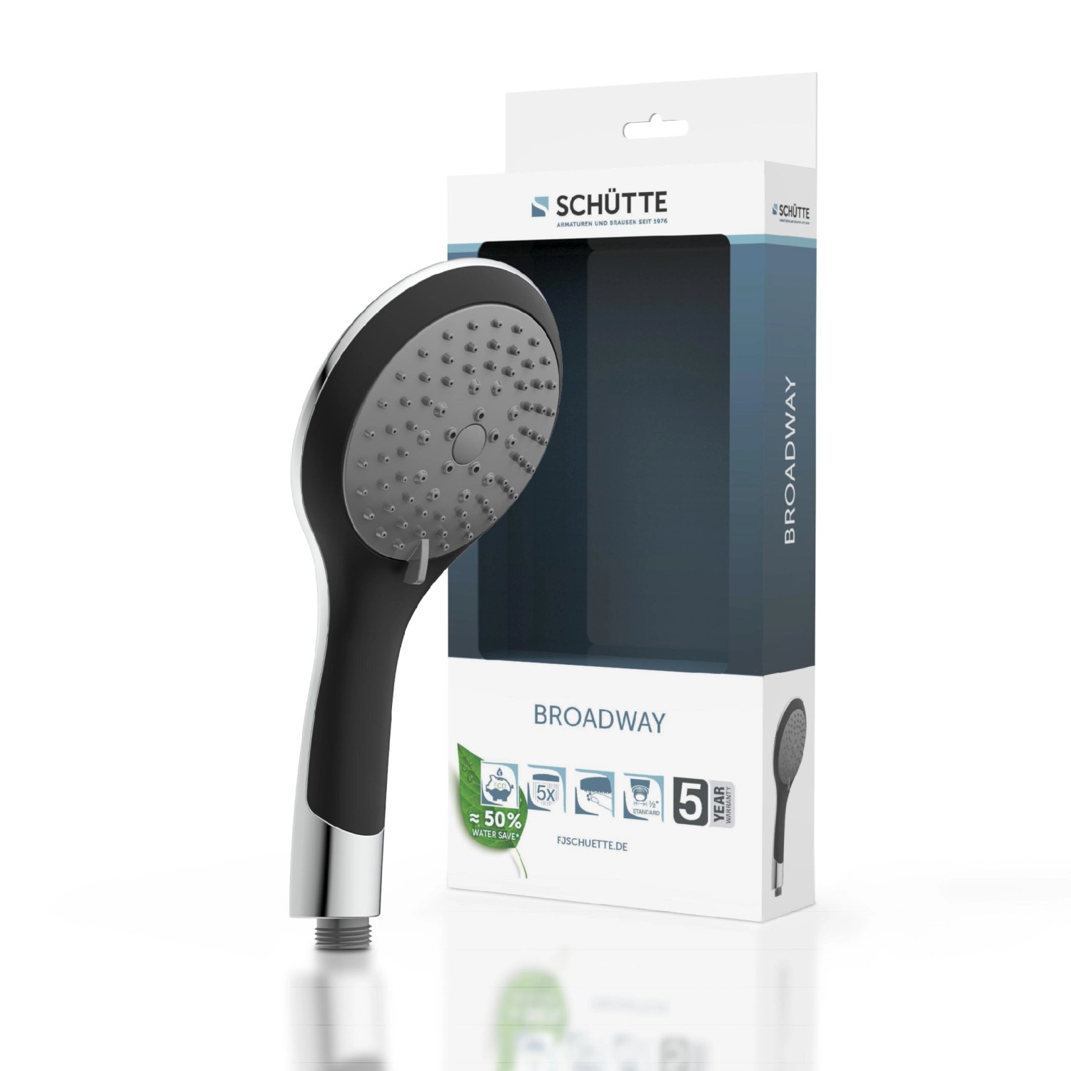 Schütte Handbrause Broadway in Schwarz/Chrom mit fünf Strahlarten und Antikalk-Noppen.