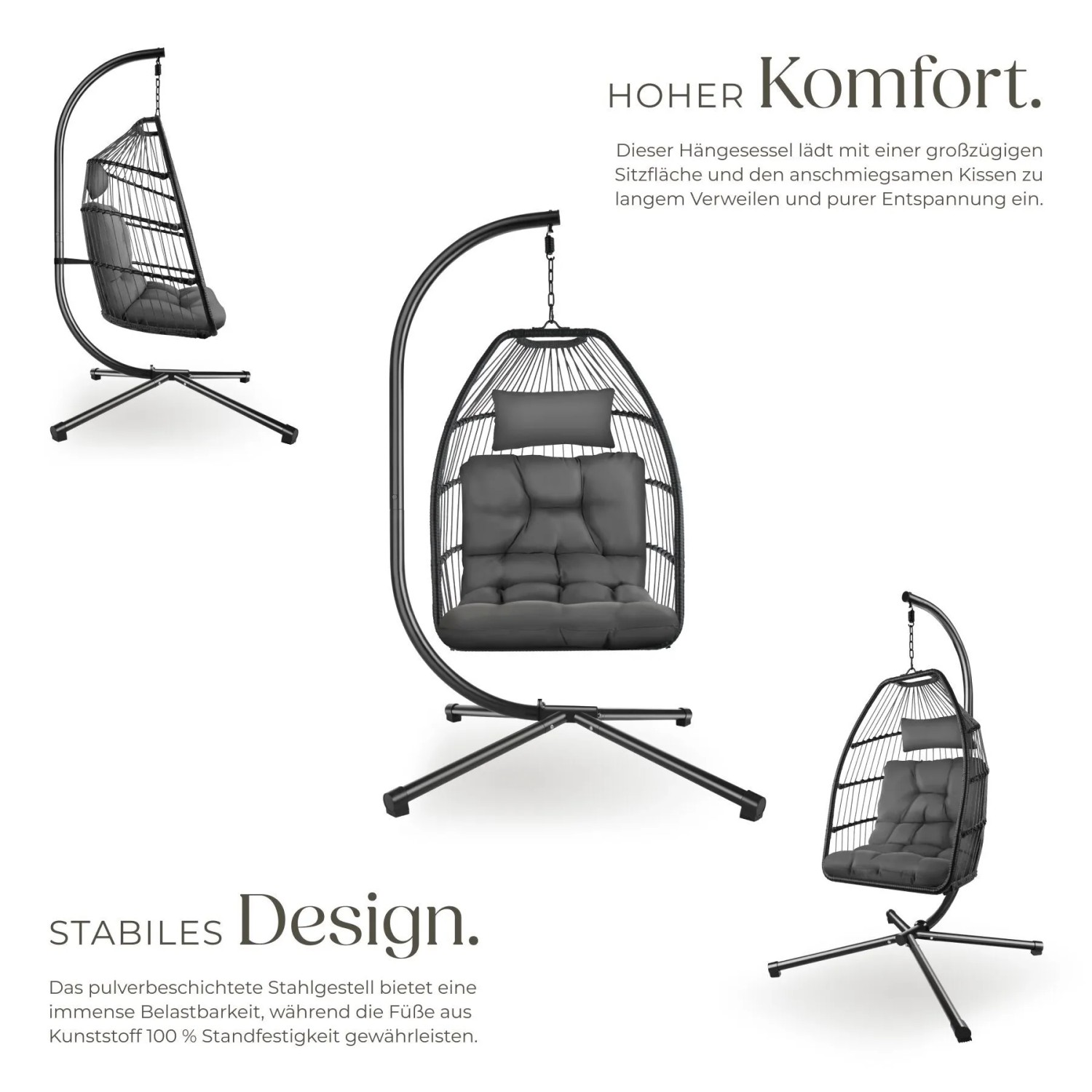 Tectake Hängesessel Ariane Mit Extra Dickem Sitz  und Kopfkissen Stabil  Bodenschonend und Faltbar  107 x 98 x 202 cm Dunkelgrau_3