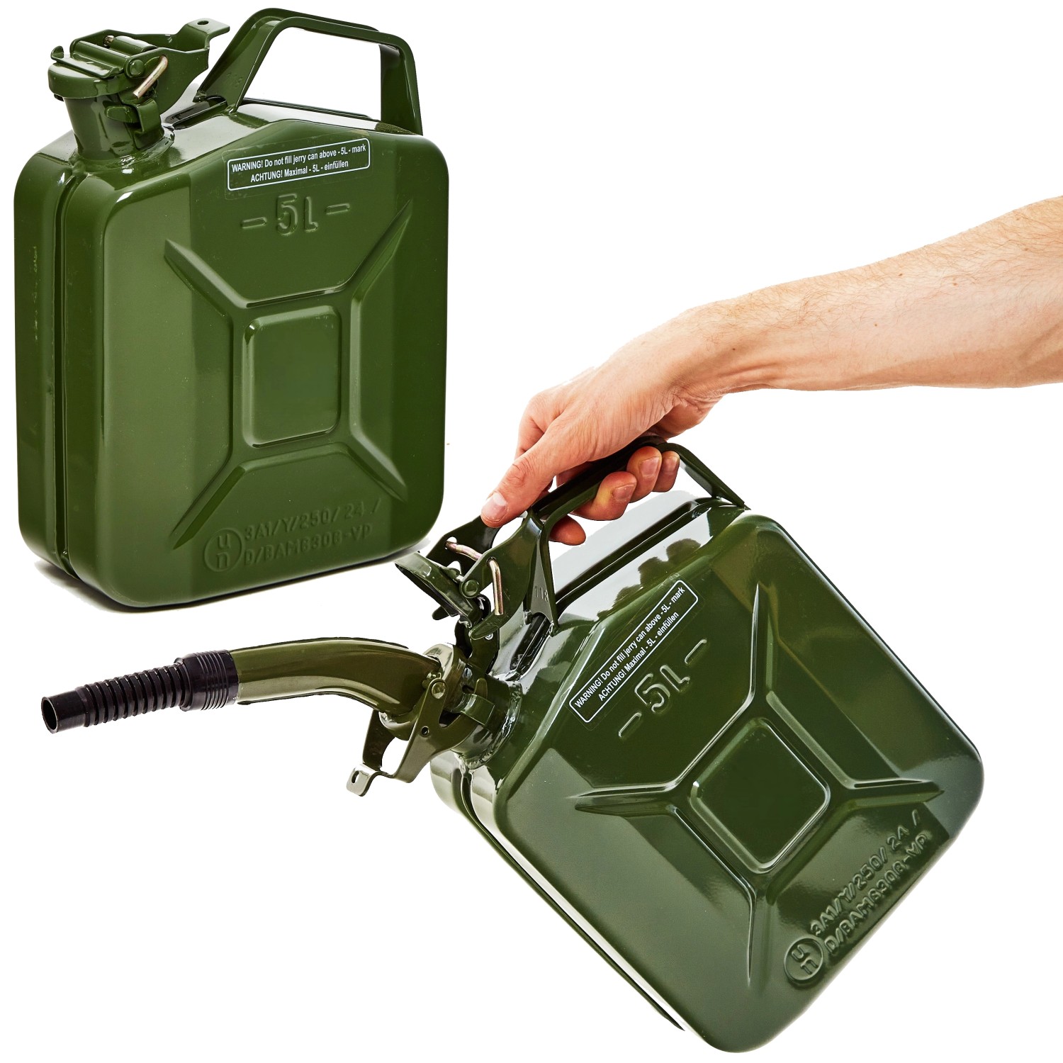 BW Kraftstoffkanister Metall Benzinkanister 2x 5 Liter mit Ausgießer Olivgrün RAL 6003 TÜV-geprüft und UN-Zulassung Made...