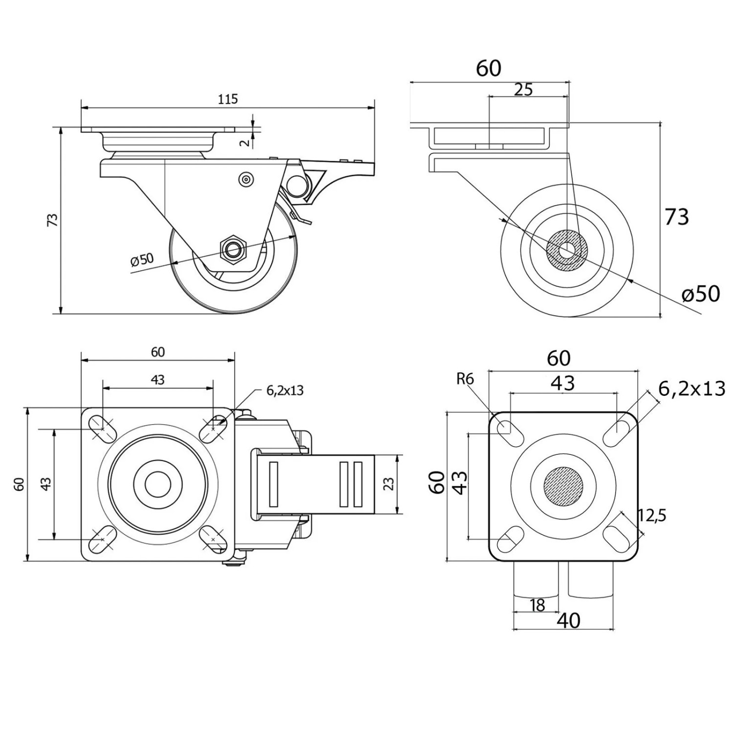 Technische Zeichnung: SOTECH Doppel Lenkrolle Set, Ø50mm, mit und ohne Bremse. Details zu Maßen und Abständen.