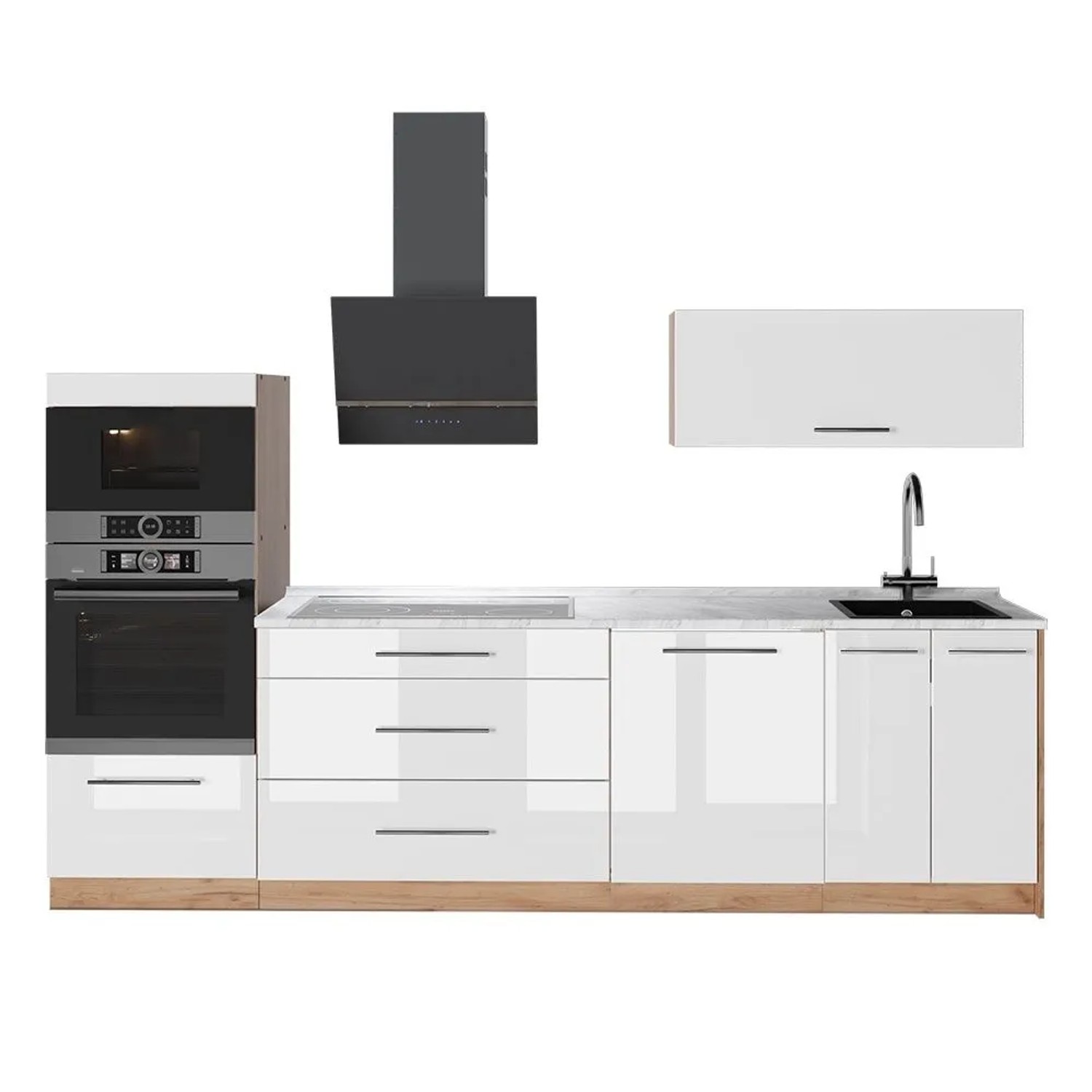 Vicco Küchenzeile Fame-Line Weiß Hochglanz/Goldkraft Eiche 280 x 154 AP Marmor Art Nr 64701