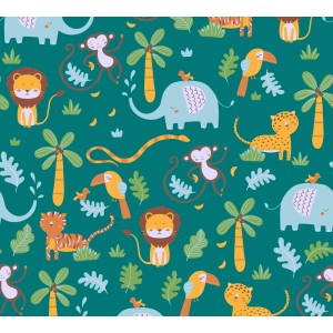 Grüne Vliestapete mit Dschungelmotiven für Kinderzimmer: Elefanten, Affen, Löwen, Tiger, Palmen.