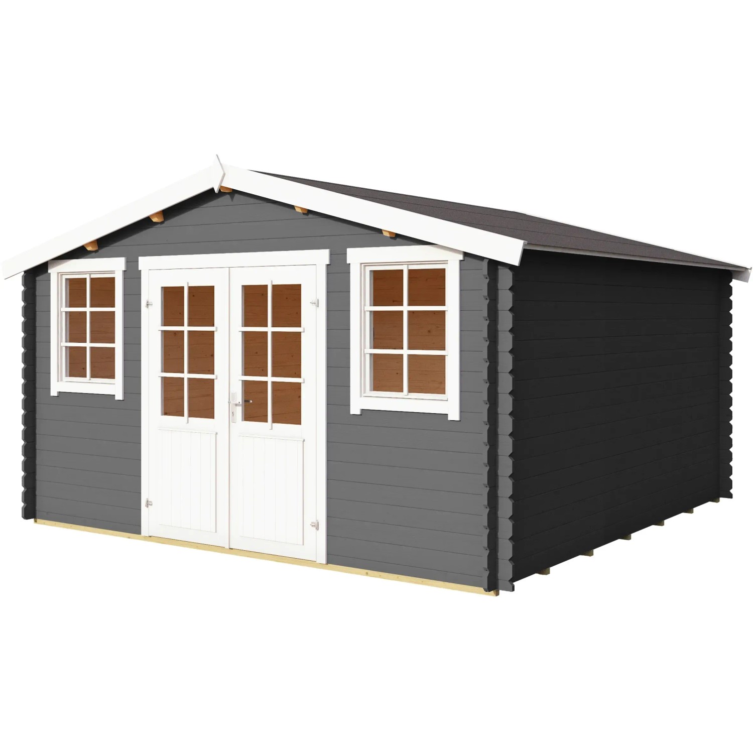 Lasita Holz-Gartenhaus Wels 4 in Carbongrau, mit Doppeltür und Fenstern. Holz-Gartenhäuser für den Garten.