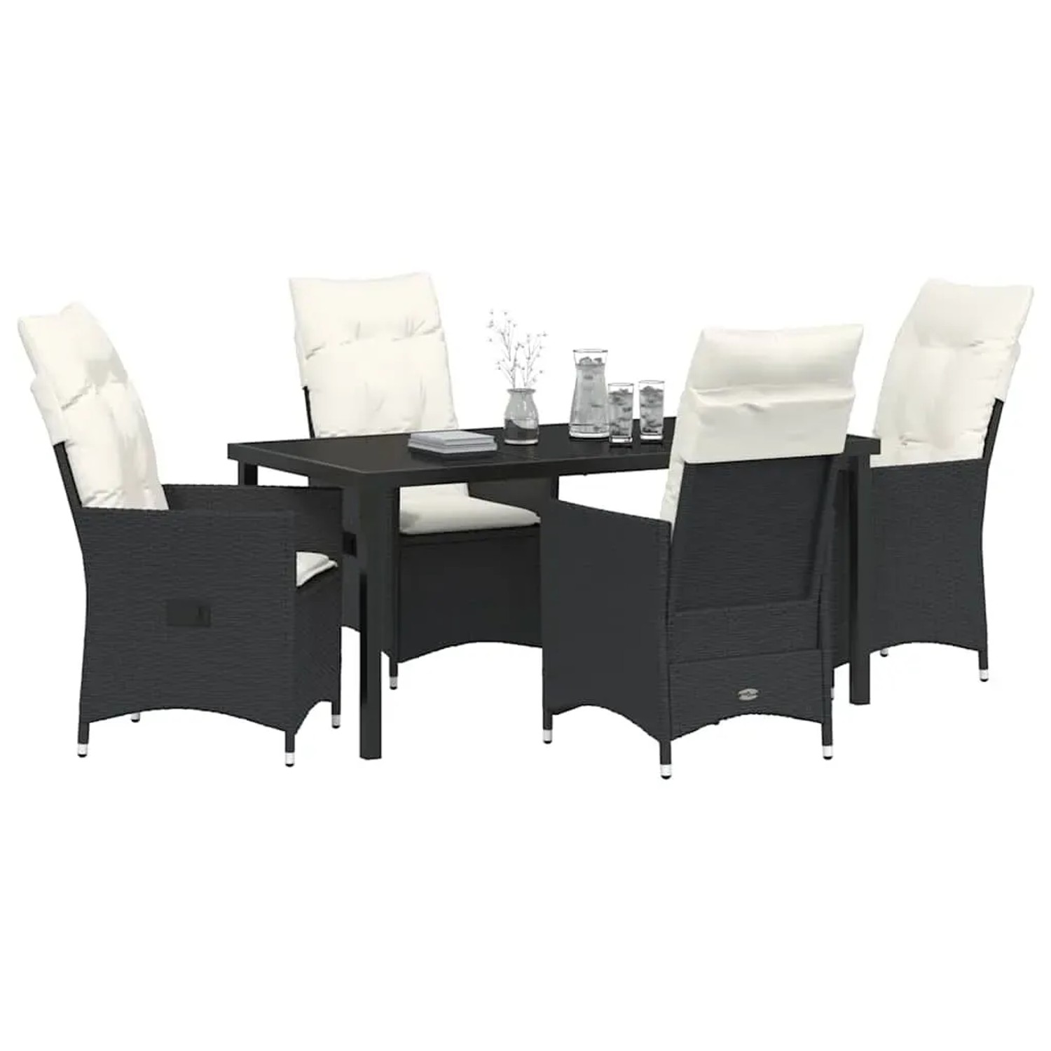 Schwarze 5-tlg. vidaXL Garten Essgruppe aus Poly Rattan mit Kissen.