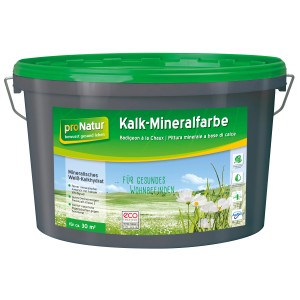 Eimer proNatur Kalk-Mineralfarbe, 5 Liter, für weiße Wände.