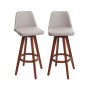 Zwei taupe Barhocker aus Kunstleder mit Rückenlehne, drehbar, dunklen Holzbeinen und Fußablage, Sitzhöhe 72cm.