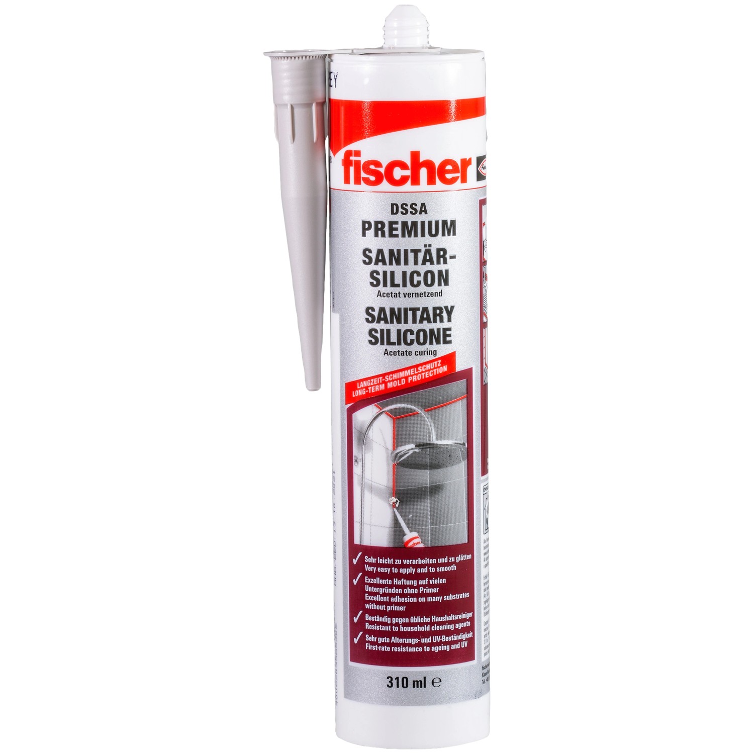 Weiße Kartusche Fischer Sanitärsilicon DSSA 310ml für Bad & Küche.