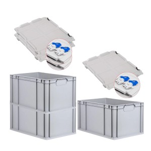 PROREGAL Spar Set: 3 graue Euroboxen 65L mit Scharnierdeckel und blauen Verschlüssen.