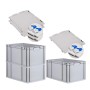 PROREGAL Spar Set: 3 graue Euroboxen 65L mit Scharnierdeckel und blauen Verschlüssen.