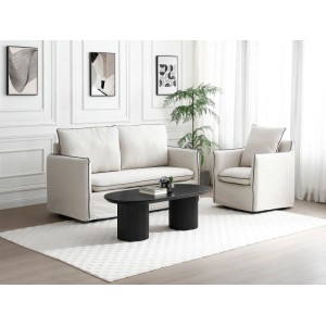 Schwarzer ovaler Couchtisch Lorimila aus MDF, 120 cm, mit geriffelten Säulen im modernen Wohnzimmer.