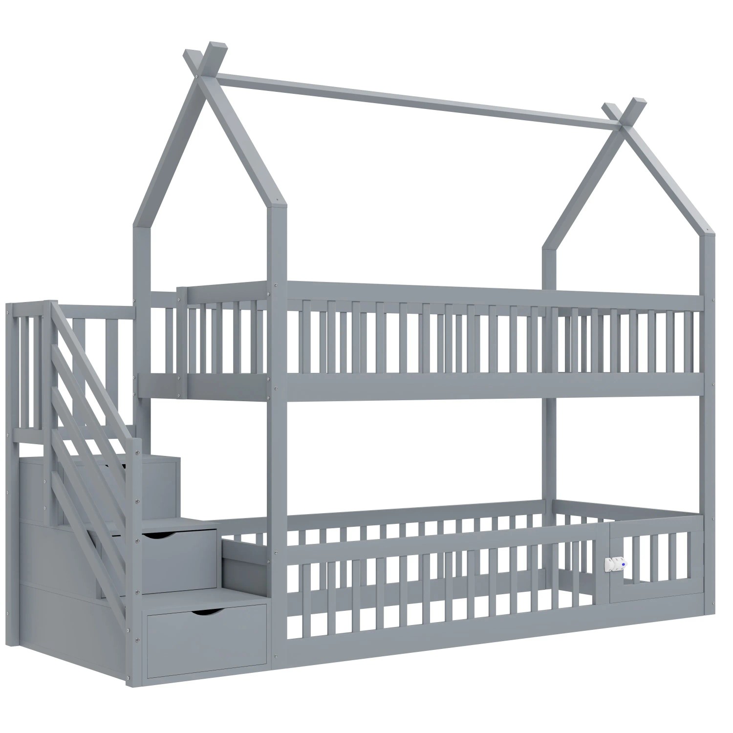 okwish Etagenbett 90x200cm mit Sicherheitstreppe und Schubladen Grau ohne Matratze