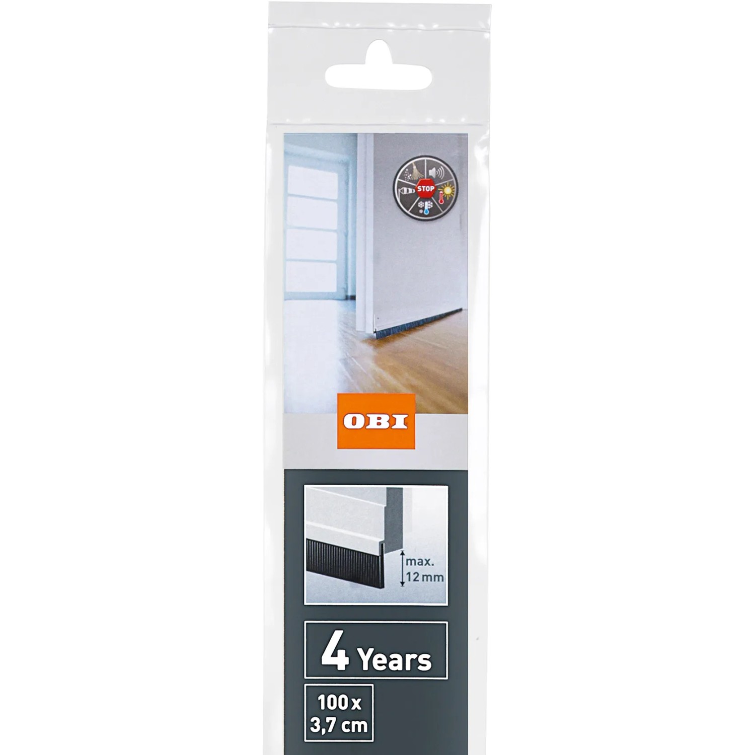 Verpackung der OBI Türdichtschiene Standard, weiß, für glatte Böden, 100x3,7cm.