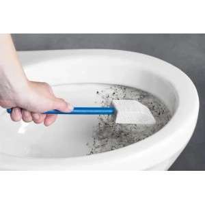 Hand reinigt Toilette mit Westfalia Bimsstein. Langer blauer Stiel, abgeschrägter Stein entfernt Kalkablagerungen.