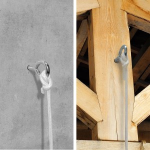 AMANKA Hängematten Befestigung mit Schraube, Karabiner und Seil an Betonwand und Holzbalken.