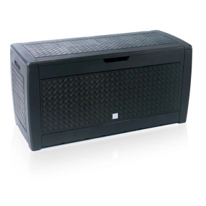 Graue PROREGAL Gartenbox CAP’N COOK mit Flechtoptik, Rollen und Deckel. Ideal zur Aufbewahrung im Garten.