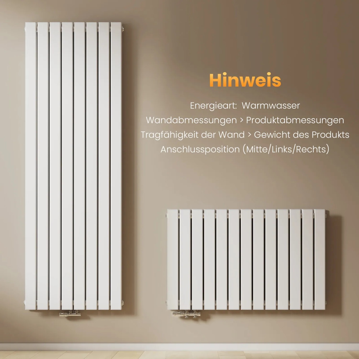 Emke Heizkörper, vertikal und horizontal, weiß, doppellagig. Paneelheizkörper für Bad und Wohnraum.