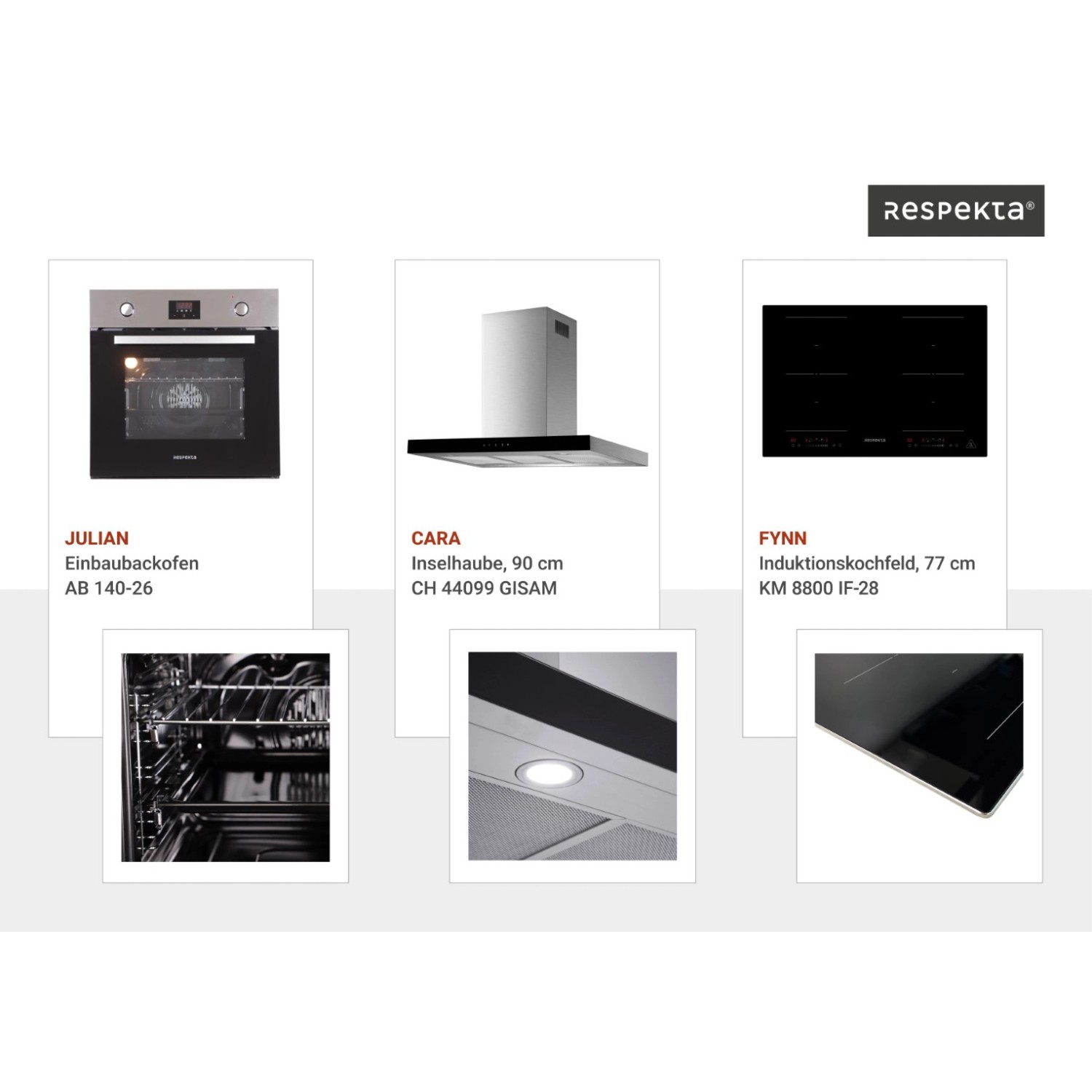 Respekta Inselküche Gabriel 320 cm Grau Hochglanz mit E-Geräten: Backofen, Kochfeld, Dunstabzugshaube, Geschirrspüler, Kühlschrank.