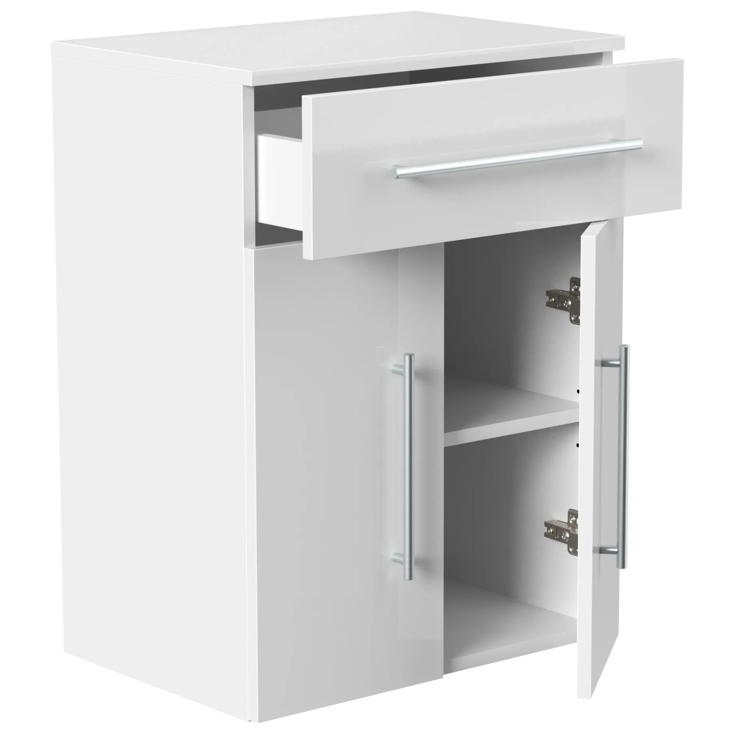 Posseik Badmöbel Levana Gr. XL, weiß hochglanz, mit Schublade und Tür geöffnet. Bad-Einbauschrank.