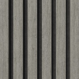 Akustikpaneel Muster Eiche Grau, foliert, mit schwarzem Filz. Detailaufnahme der Holzstruktur.