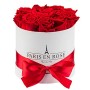 Rosenbox mit 9 roten Rosen und weißer Schleife, Durchmesser 14,5 cm.