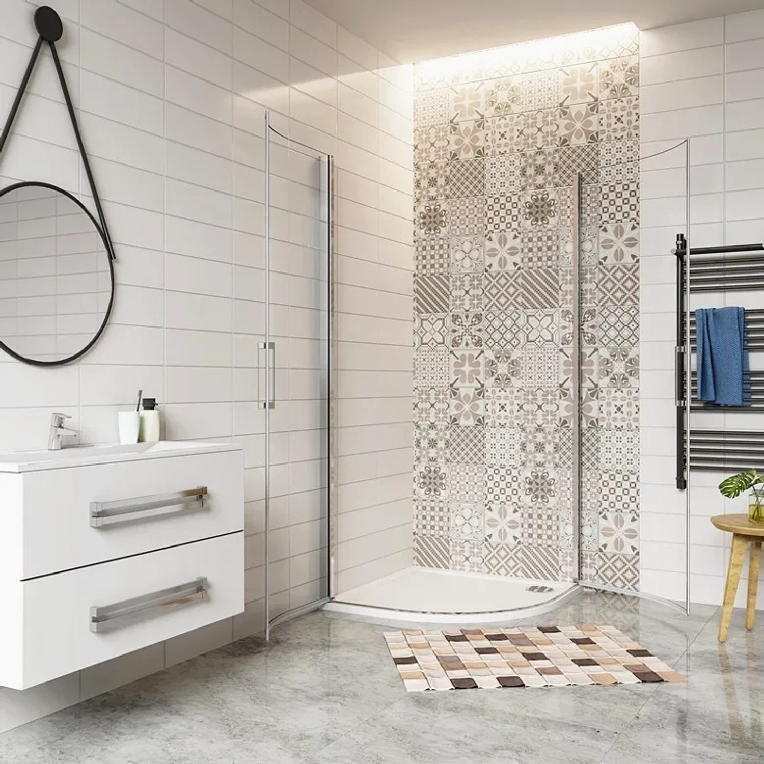 Duschparadies Runddusche 80x80cm mit Nano-Glas in modernem Badezimmer.