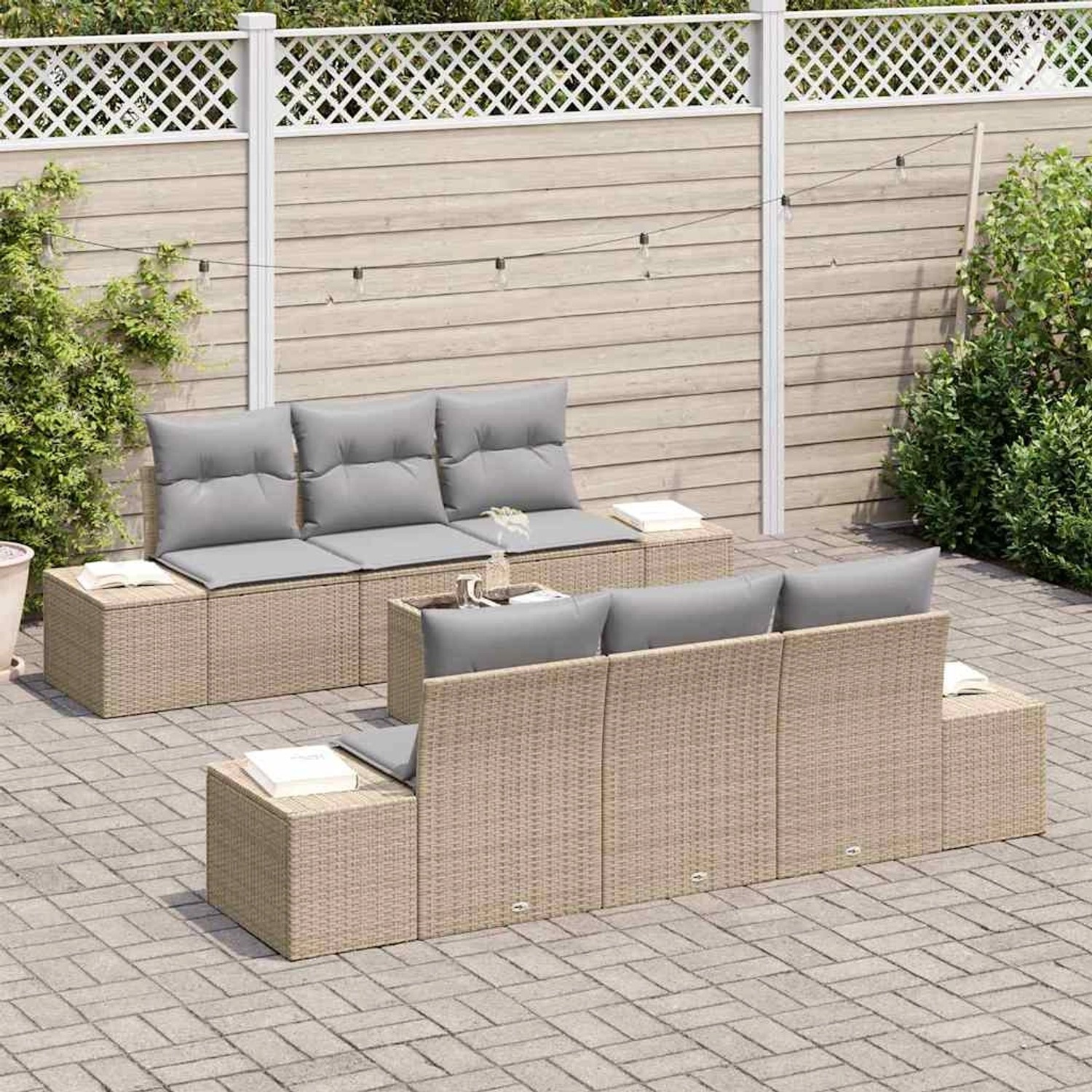 vidaXL Garten-Sofa-Set, 7-teilig, beige Poly Rattan. Modulares Lounge Set für Garten oder Terrasse.