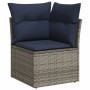 Graues vidaXL Gartensofa Eckteil aus Rattan mit blauen Kissen. Teil einer Sofagarnitur.