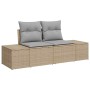 Beiges 5-teiliges Garten-Sofa-Set aus Poly Rattan mit grauen Kissen.
