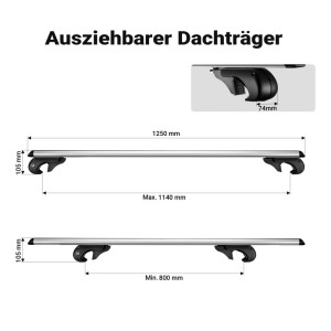 Silberner, ausziehbarer Wiltec Universal Dachträger aus Aluminium mit schwarzen Haltern. Maße 1250mm Länge, 105mm Höhe.
