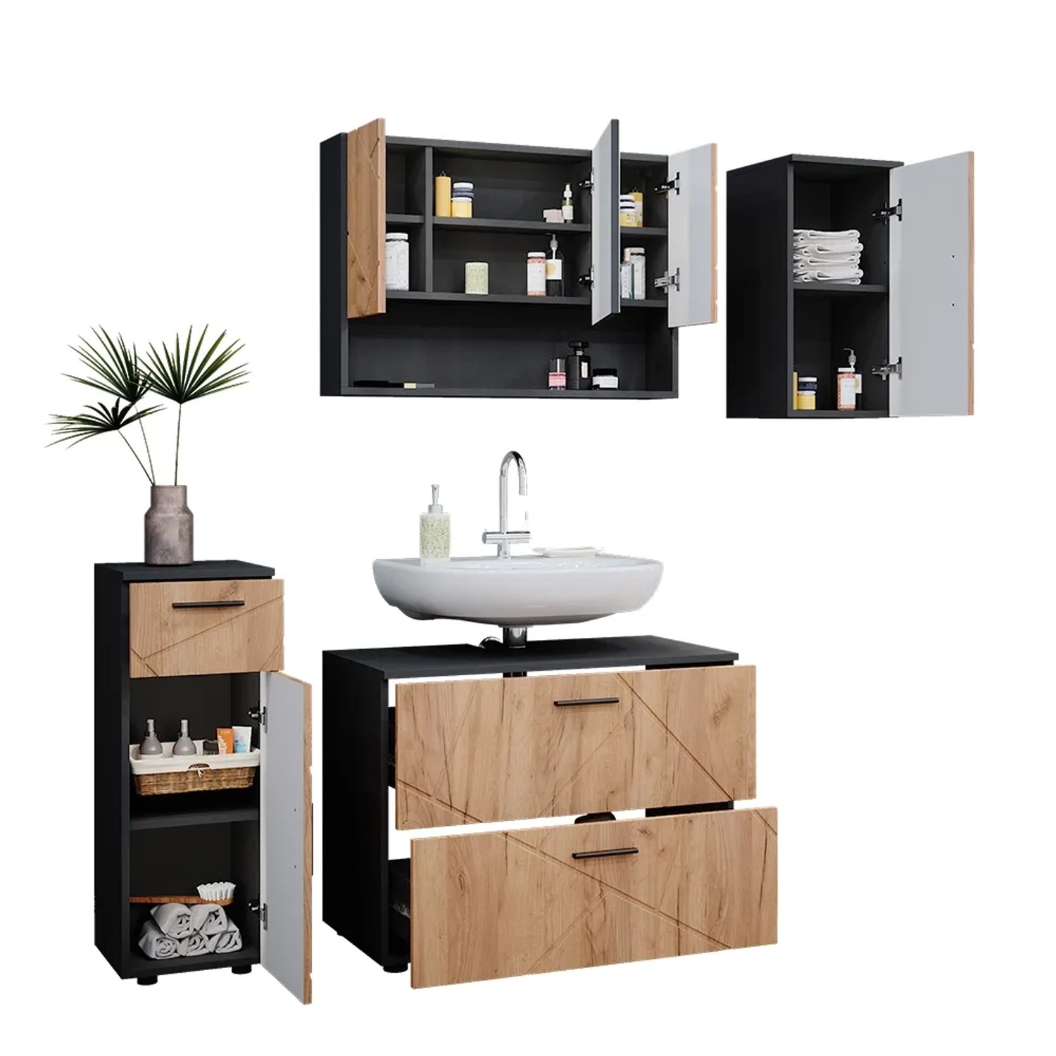 Vicco Badmöbel-Set Irma, 4-teilig in Anthrazit/Eiche, mit Unterschrank, Spiegelschrank, Midi- und Hängeschrank.