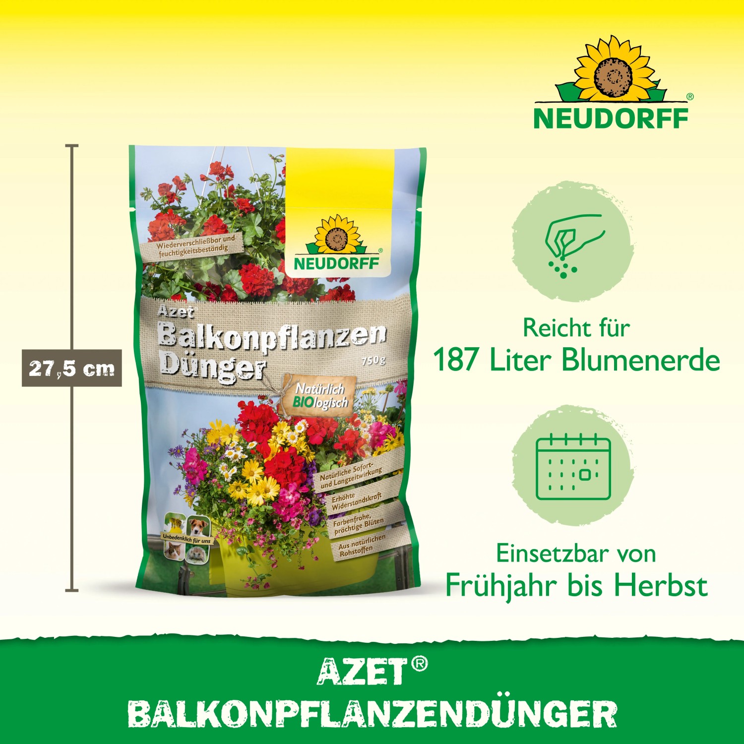 Neudorff Azet Balkonpflanzen-Dünger, 750g Packung für üppige Blütenpracht auf dem Balkon.