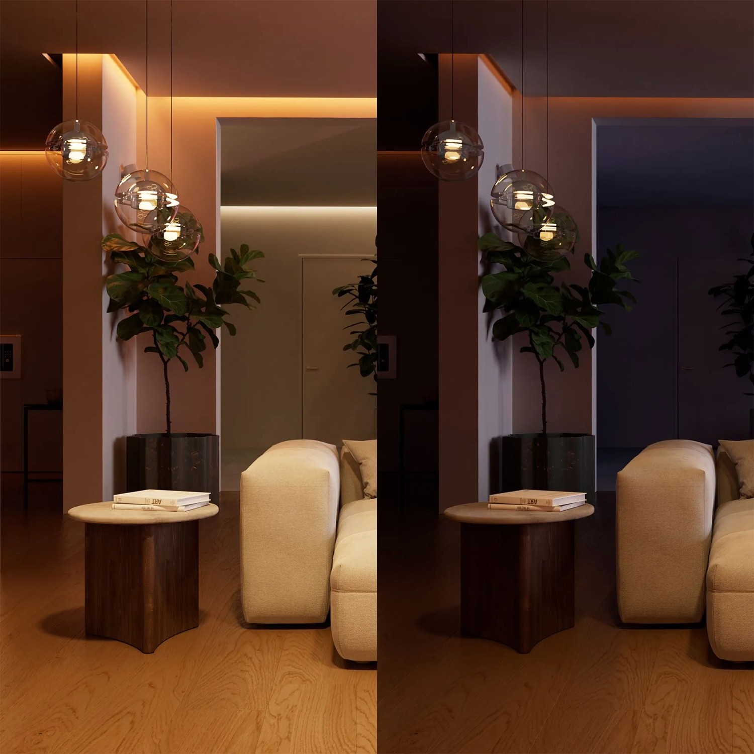 Wohnzimmer mit dimmbaren Leuchten: links warmes, helles Licht, rechts kühles, gedimmtes Licht. Philips Hue Wandschaltermodul für smarte Steuerung.
