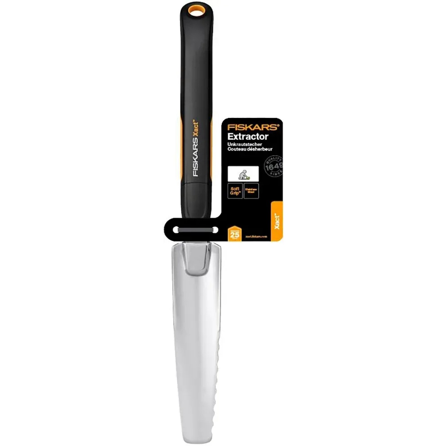 Fiskars Xact Unkrautstecher mit Softgrip-Griff und Klingenschutz für die Bodenbearbeitung.