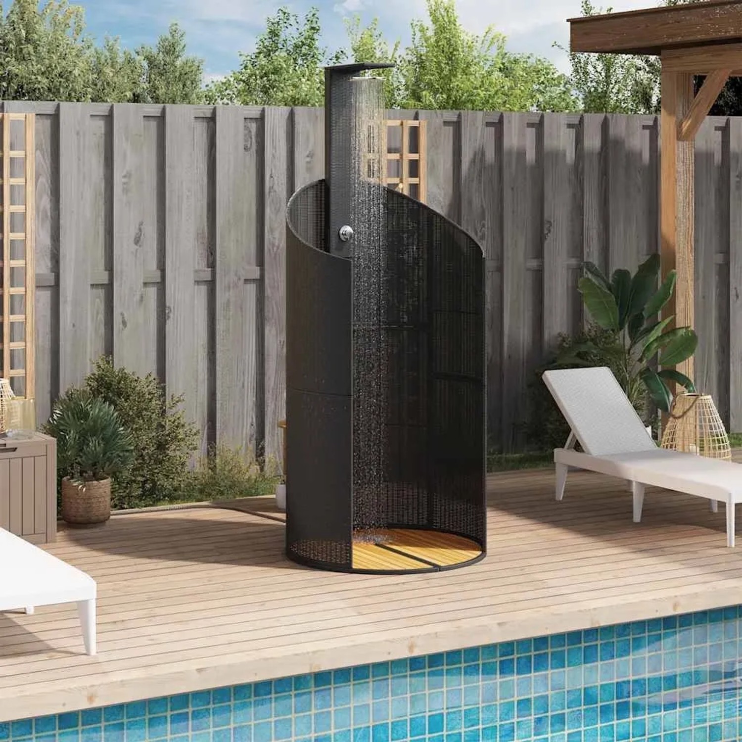 Schwarze vidaXL Gartendusche aus Poly Rattan und Akazienholz, 100x100x241,5 cm.