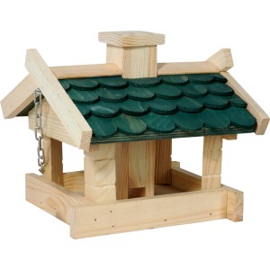 Hängendes Dobar Vogelhaus Thule mit grünem Schindeldach aus Holz, mit Kette.