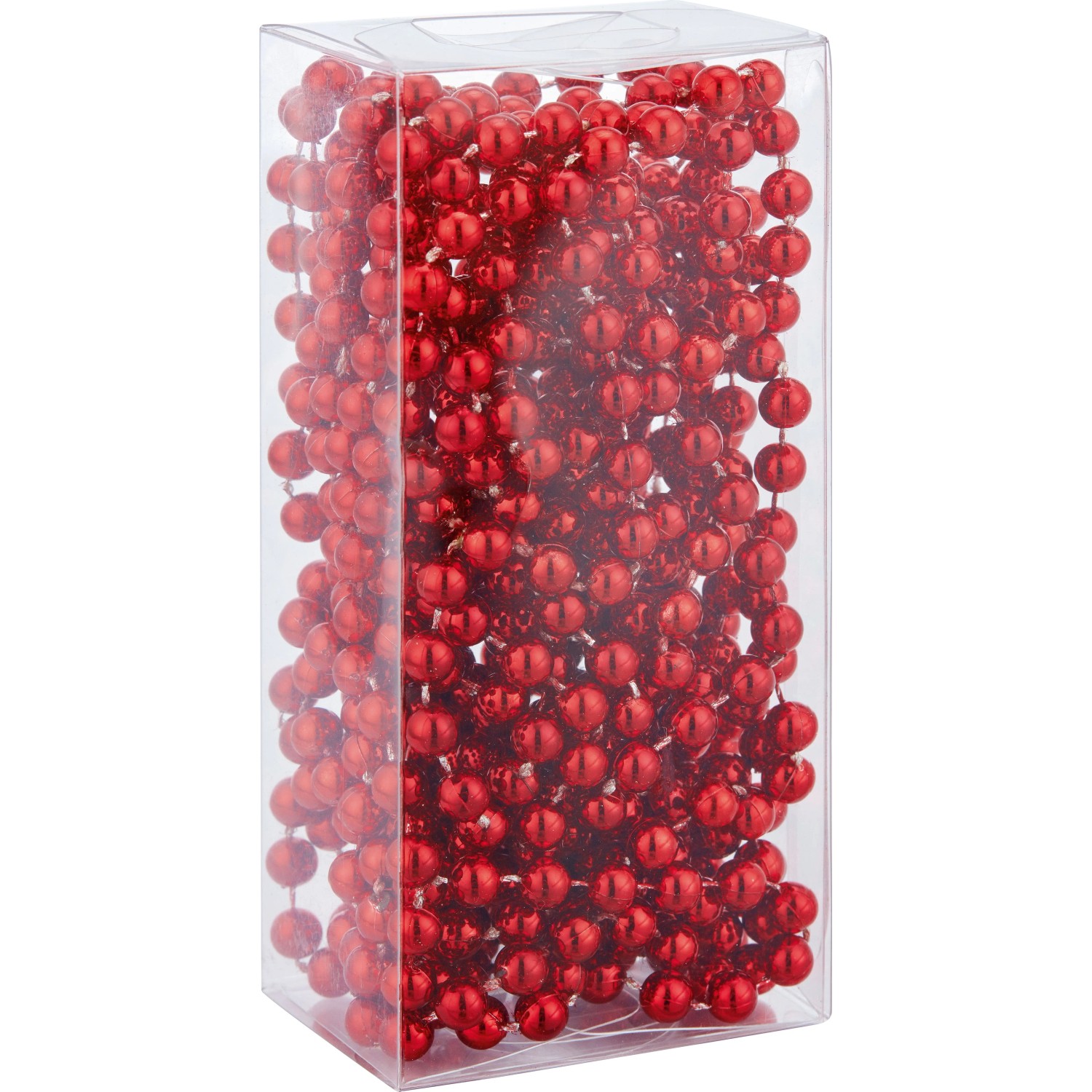 500 cm rote Weihnachtsgirlande mit glänzenden Kugeln in transparenter Box.