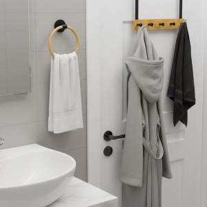 Relaxdays Türgarderobe und Handtuchring Set Bambus Eisen Schwarz Selbstklebend 24 cm x 45 cm x 8,5 cm