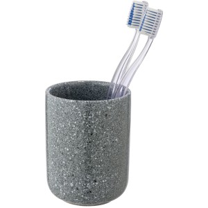 Blauer Wenko Zahnputzbecher Noto aus Keramik mit zwei Zahnbürsten.