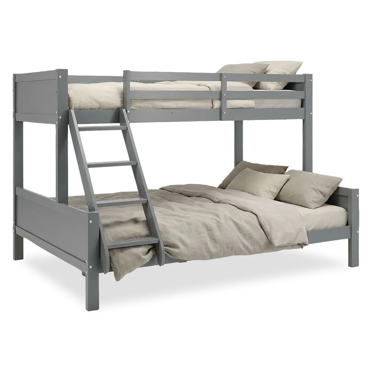 Graues Etagenbett aus Kiefernholz mit Leiter, oben 90x200 cm, unten 140x200 cm. Ideal als Familienbett.