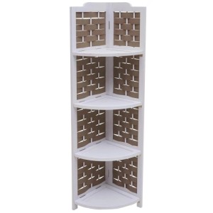 MCW Eckregal K85 weiß mit 4 braunen Geflecht-Regalböden aus Holz, zusammenklappbar. Ideal für Wohnzimmer.