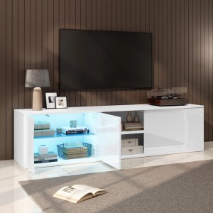 okwish TV Schrank mit Glas Türen LED Lowboard Wohnzimmer 80 Zoll 180x40x45cm Weiß